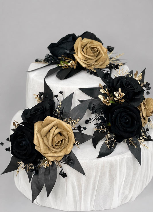 Black Bouquet Wedding Bridal Black Bouquet Gold Bridesmaids Gothic Bouquet Halloween Black Gold Wedding Artificial Flower