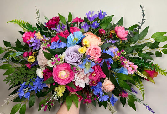 Colorful Wedding Arch Flowers, Pink Blue Purple Floral Swag, Wild Flowers Arbor arrangement, Lavender Hot Pink Blue Backdrop Decor Flowers