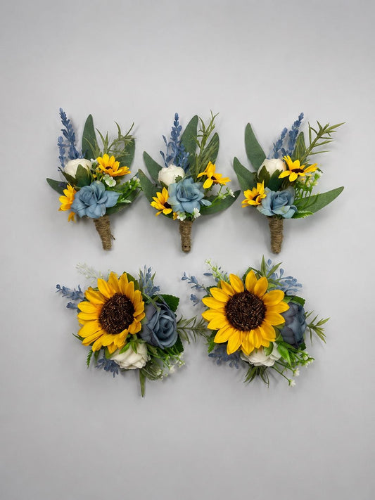 Sunflower Boutonniere Wedding Groom Sunflower Boutonnière Dusty Blue Sunflower Yellow Boho Boutonnière Groomsmen Sunflower Blue Boutonnière