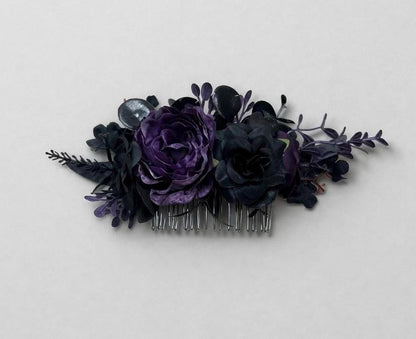 Black Purple Hair Comb, Gothic Bridal Hair Piece, Dark Plum Wedding Hair Accessory, Floral Hair Comb, Elegant Gothic Wedding Headpiece