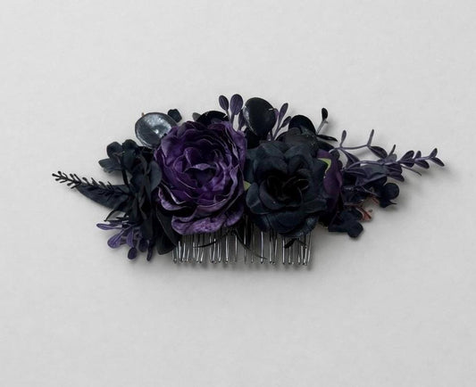 Black Purple Hair Comb, Gothic Bridal Hair Piece, Dark Plum Wedding Hair Accessory, Floral Hair Comb, Elegant Gothic Wedding Headpiece