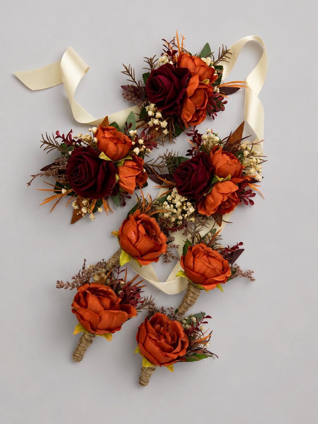 Burgundy Terracotta Corsage, Wedding Fall Wrist Corsage, Burnt Orange Dark Red Bridesmaid Corsage, Artificial Flowers Wristband