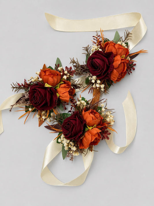 Burgundy Terracotta Corsage, Wedding Fall Wrist Corsage, Burnt Orange Dark Red Bridesmaid Corsage, Artificial Flowers Wristband