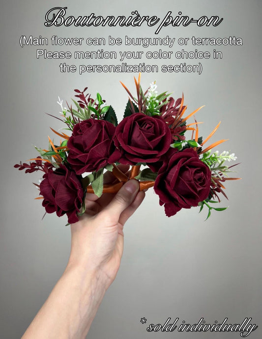 Burgundy Terracotta Corsage, Wedding Fall Wrist Corsage, Burnt Orange Dark Red Bridesmaid Corsage, Artificial Flowers Wristband