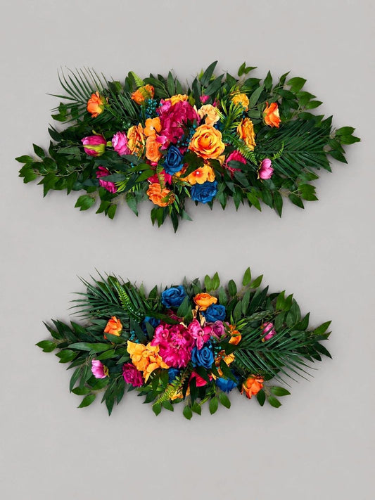 Pink Orange Teal Blue Arch Arrangement, Wedding Hot Pink Bright Orange, Tropical Swag Arbor Arrangement, Floral Backdrop Ceremony Flowers