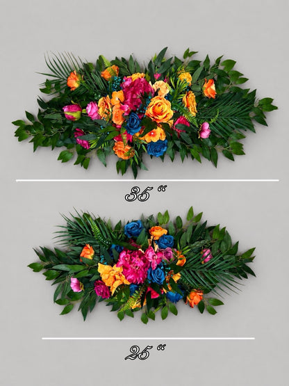 Pink Orange Teal Blue Arch Arrangement, Wedding Hot Pink Bright Orange, Tropical Swag Arbor Arrangement, Floral Backdrop Ceremony Flowers