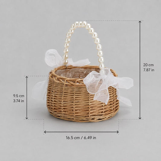 Flower Girl Basket With Pearl Handle, Rustic Wicker Wedding Petal Basket, Boho Rattan Basket With White Ivory Organza Bows