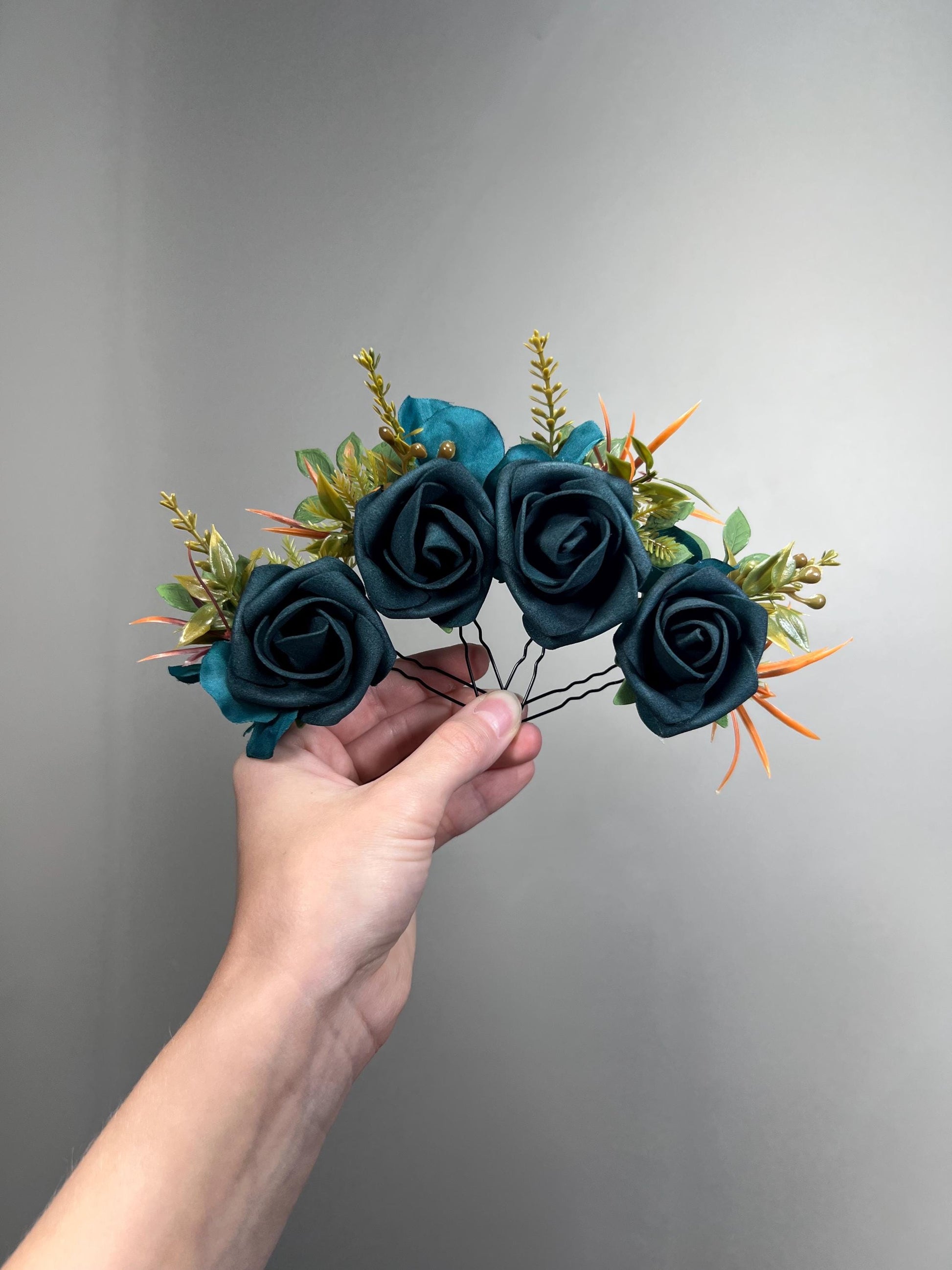 Teal Blue Hair Pin, Rustic Wedding Hair Accessories, Bridal Floral Dark Teal Terracotta Hair Pins, Bridesmaid Hairpiece Peacock Blue
