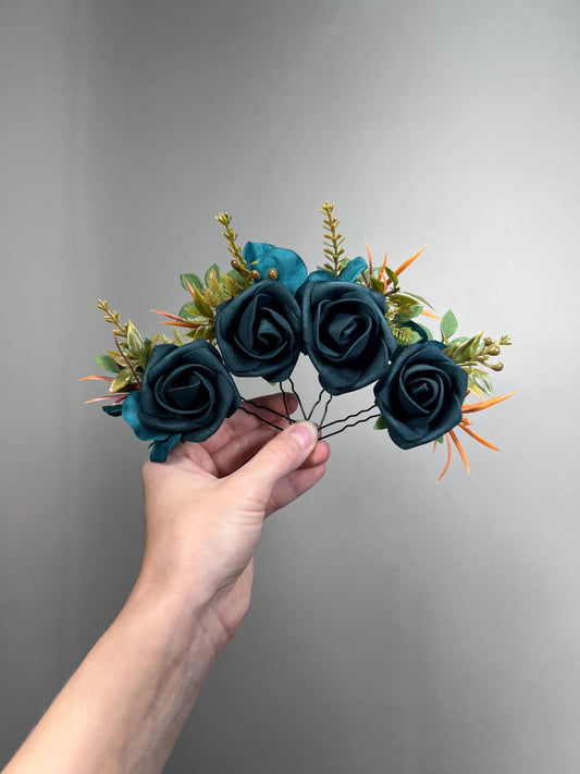 Teal Blue Hair Pin, Rustic Wedding Hair Accessories, Bridal Floral Dark Teal Terracotta Hair Pins, Bridesmaid Hairpiece Peacock Blue Reddit