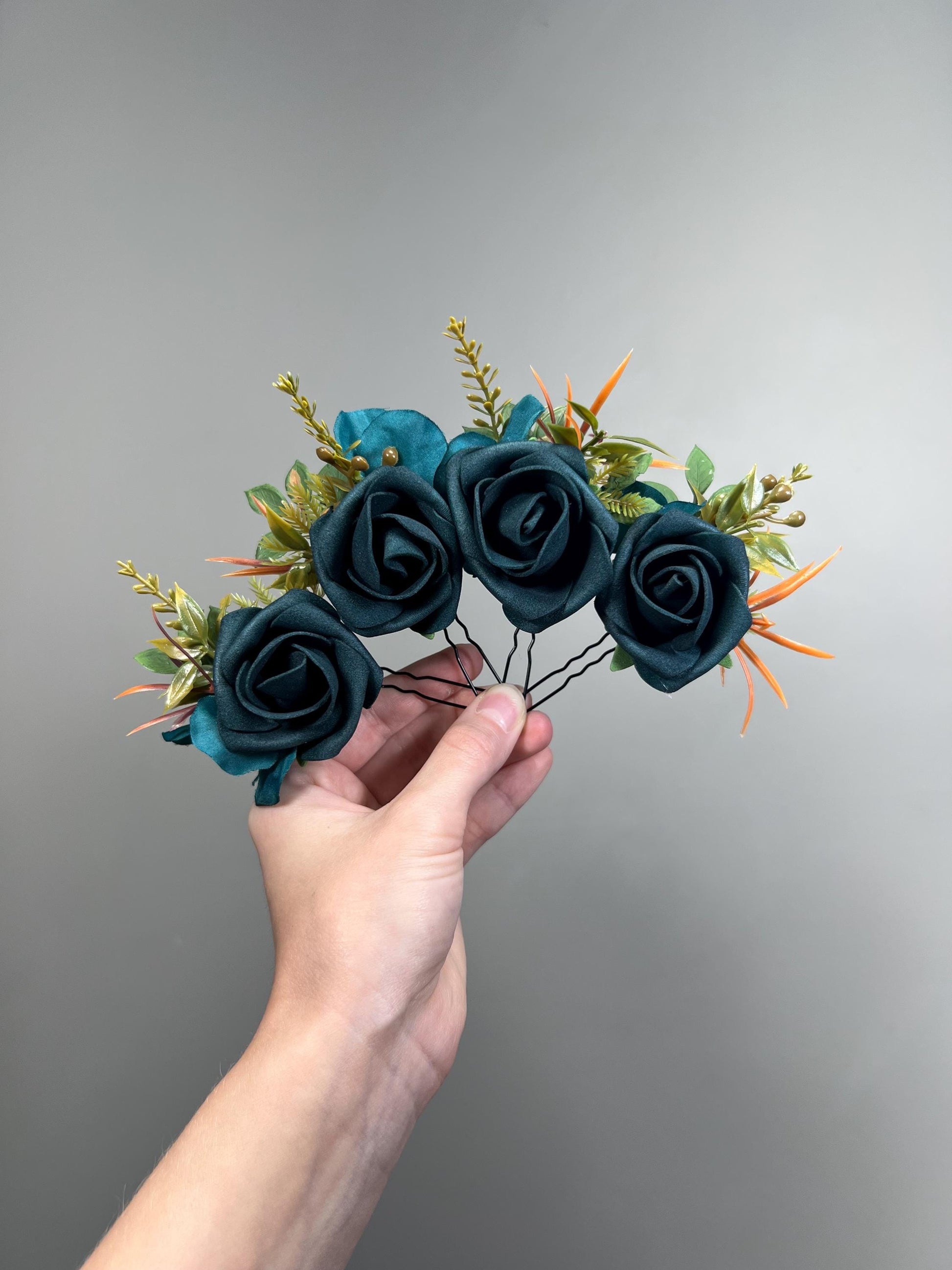 Teal Blue Hair Pin, Rustic Wedding Hair Accessories, Bridal Floral Dark Teal Terracotta Hair Pins, Bridesmaid Hairpiece Peacock Blue Reddit