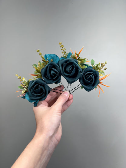 Teal Blue Hair Pin, Rustic Wedding Hair Accessories, Bridal Floral Dark Teal Terracotta Hair Pins, Bridesmaid Hairpiece Peacock Blue Reddit