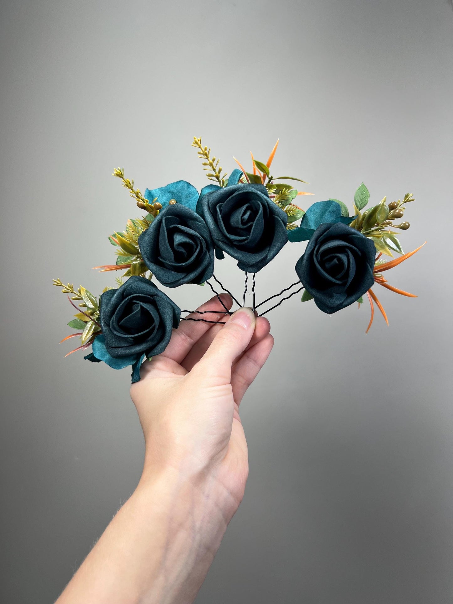 Teal Blue Hair Pin, Rustic Wedding Hair Accessories, Bridal Floral Dark Teal Terracotta Hair Pins, Bridesmaid Hairpiece Peacock Blue