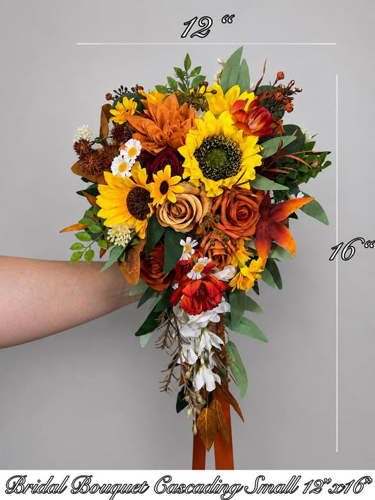 Sunflower Terracotta Wedding Bouquet, Bridal Cascading Fall Bouquet, Cascade Burnt Orange Bouquet, Bridesmaids Flowers Yellow Sunflower