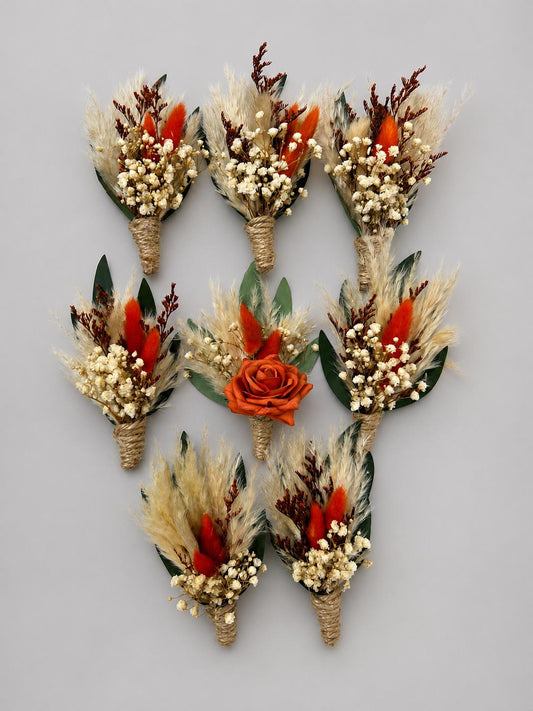 Terracotta Wedding Boutonnière, Wedding Fall Groom Boutonnière, Burnt Orange Rose Groomsmen Boutonnière, Lapel Men Flower Baby Breath
