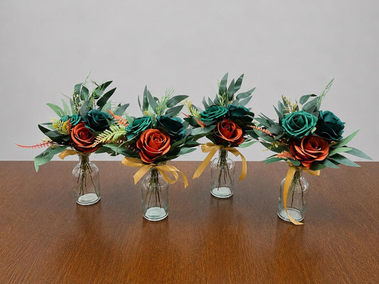 Burnt Orange Emerald Green Centerpiece, Wedding Mini Bouquets for Bud Vase, Terracotta Peacock Blue Teal, Small Fall Table Decor Centerpiece