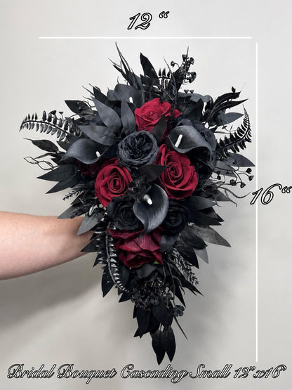 Black Burgundy Cascading Bouquet, Bridal Gothic Bouquet, Black Calla Lily Cascade Bouquet, Moody Halloween Bridesmaid Flowers Artificial