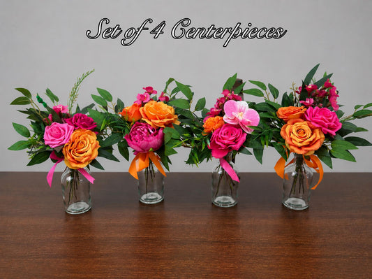 Orange Hot Pink Centerpieces, Wedding Mini Bouquet for Bud Vase, Fuchsia Bright Orange Summer Table Decor Centerpiece, Tropical Beach Flower