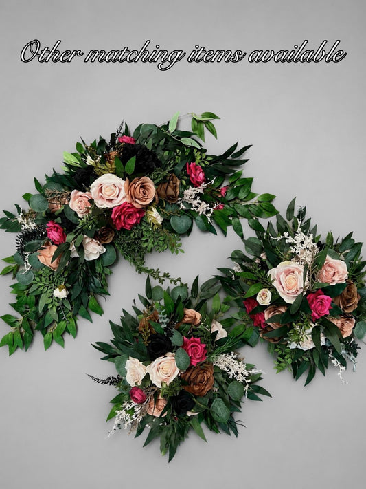 Hot Pink Dusty Rose Arch Arrangements, Wedding Blush Brown Black Arbor Arrangement, Floral Background Swag Rustic, Gem Colors Flowers