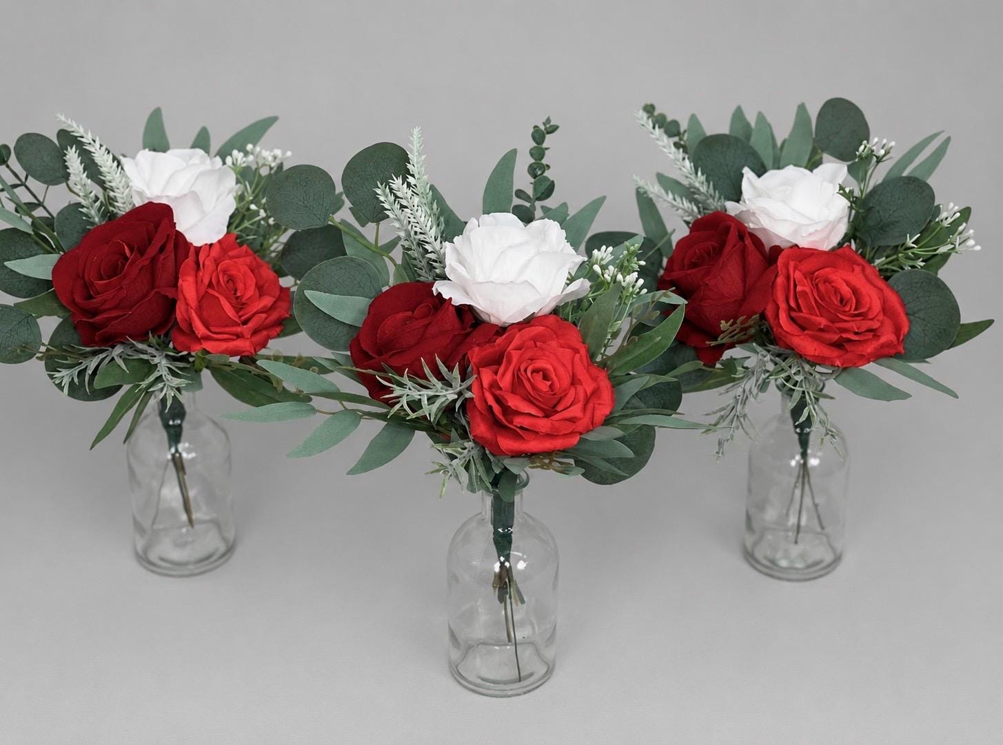 Red White Small Centerpiece, Mini Bouquets for Bud Vase, Wedding Winter Christmas Table Decor, Dark Red Centerpiece Artificial Flowers