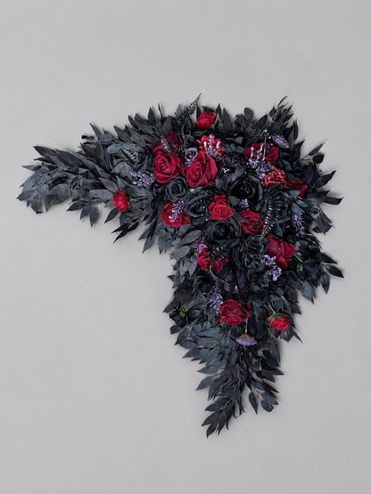 Black Burgundy Purple Arch Arrangements, Wedding Gothic Corner Arch Flowers, Plum Black Arbor Arrangement, Halloween Background Flowers
