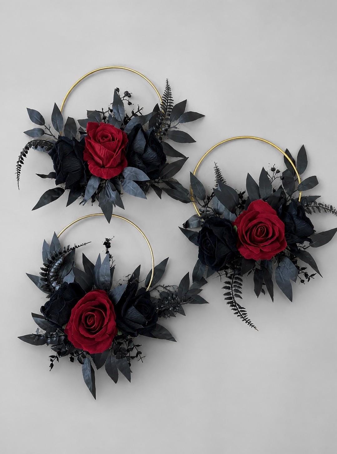 Black Burgundy Floral Hoop, Wedding Bridesmaids Gothic Dark Red Black Hoop, Alternative Bouquet, Moody Floral Ring Bouquet Halloween