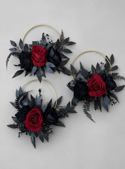 Black Burgundy Floral Hoop, Wedding Bridesmaids Gothic Dark Red Black Hoop, Alternative Bouquet, Moody Floral Ring Bouquet Halloween