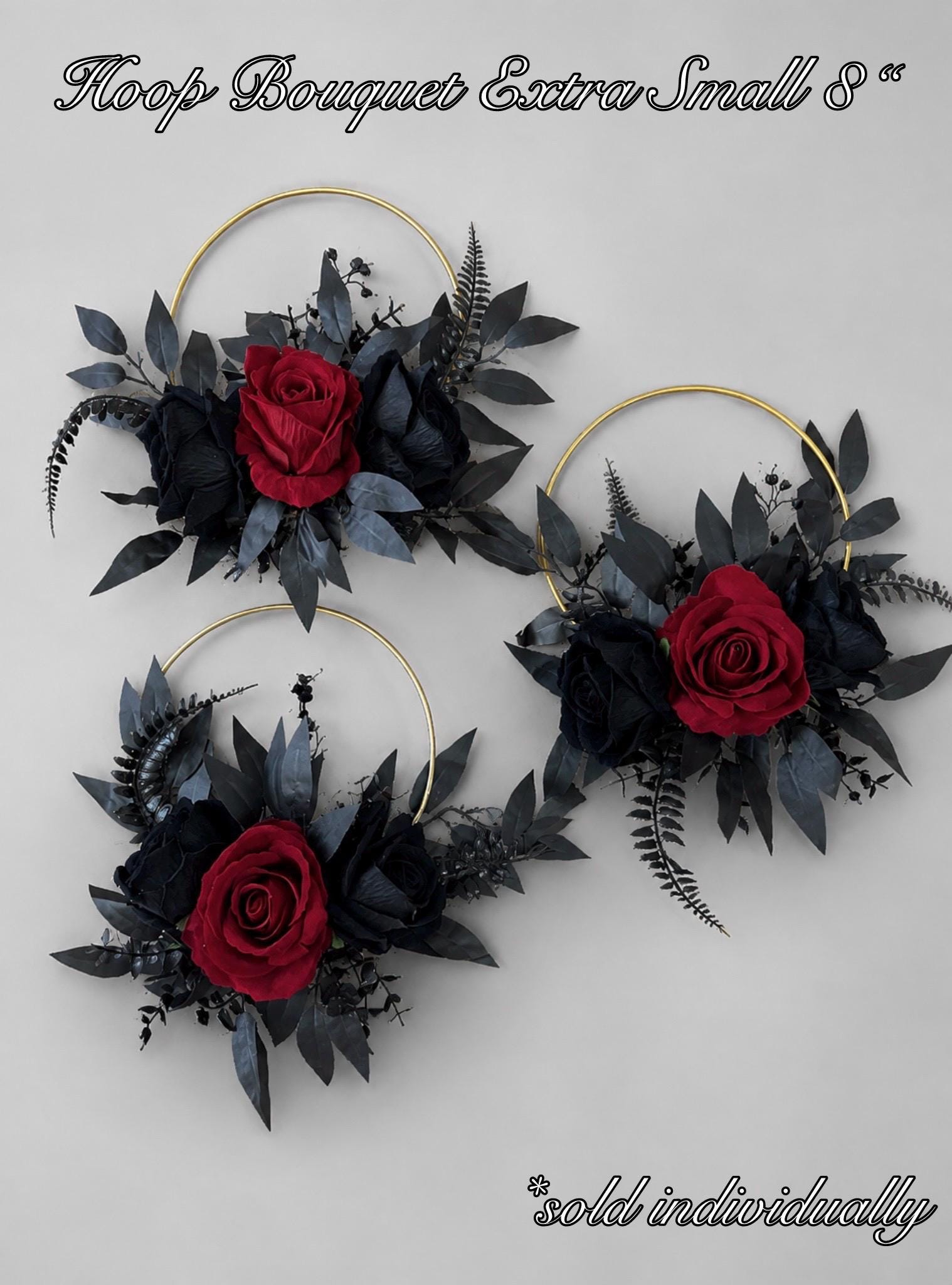 Black Burgundy Floral Hoop, Wedding Bridesmaids Gothic Dark Red Black Hoop, Alternative Bouquet, Moody Floral Ring Bouquet Halloween