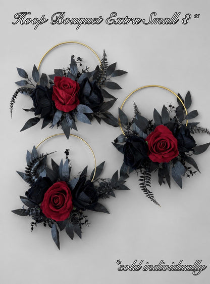 Black Burgundy Floral Hoop, Wedding Bridesmaids Gothic Dark Red Black Hoop, Alternative Bouquet, Moody Floral Ring Bouquet Halloween