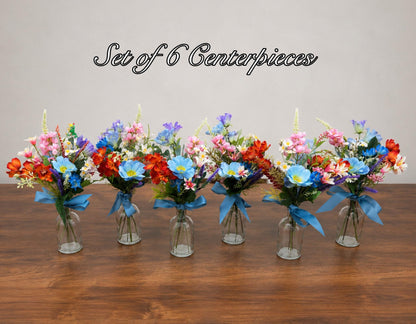 Wildflower Centerpiece Wedding, Colorful Floral Arrangement, Mini Bouquets for Vases, Table Decor Centerpieces Dusty Blue Terracotta Pink