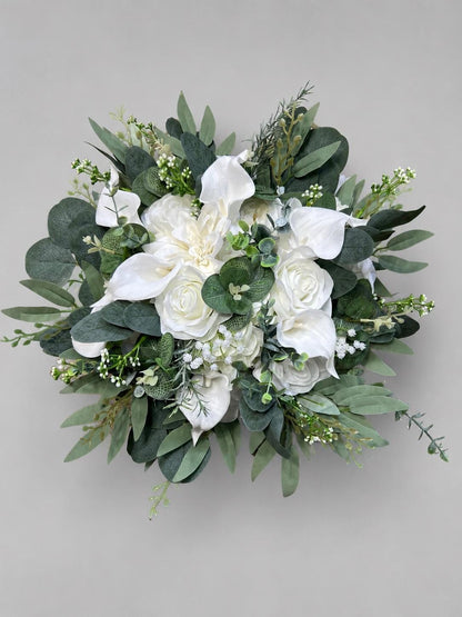 White Calla Lily Bridal Bouquet, White Rose Wedding Bouquet, White Bridesmaids Bouquet, Greenery Eucalyptus Bouquet, Artificial Flowers