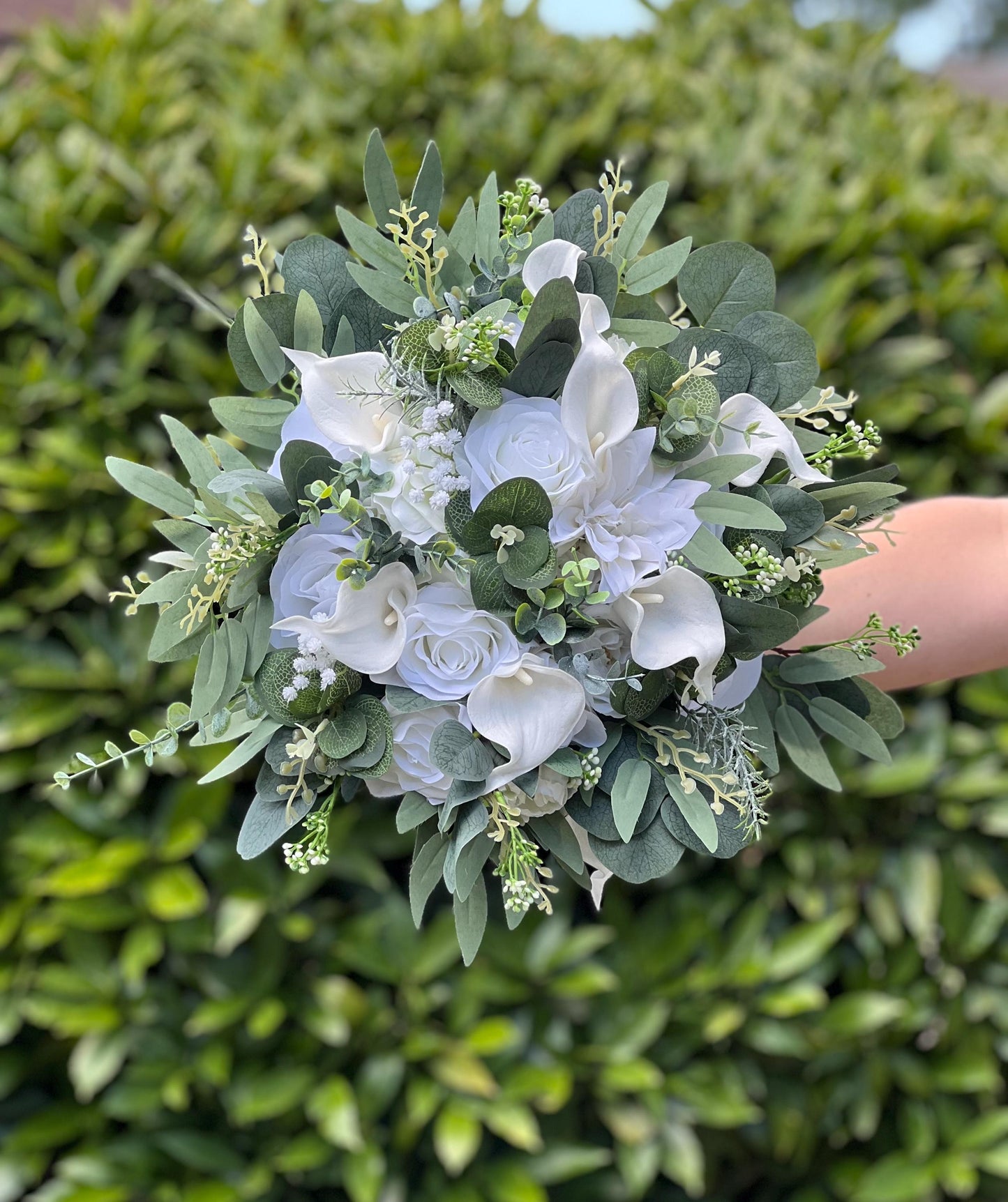 White Calla Lily Bridal Bouquet, White Rose Wedding Bouquet, White Bridesmaids Bouquet, Greenery Eucalyptus Bouquet, Artificial Flowers