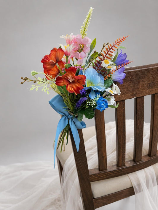 Wildflower Pew Decor, Wedding Dusty Blue Terracotta Pink Chair Flowers, Colorful Chair Swag Decor, Ceremony Summer Aisle Chair Flowers