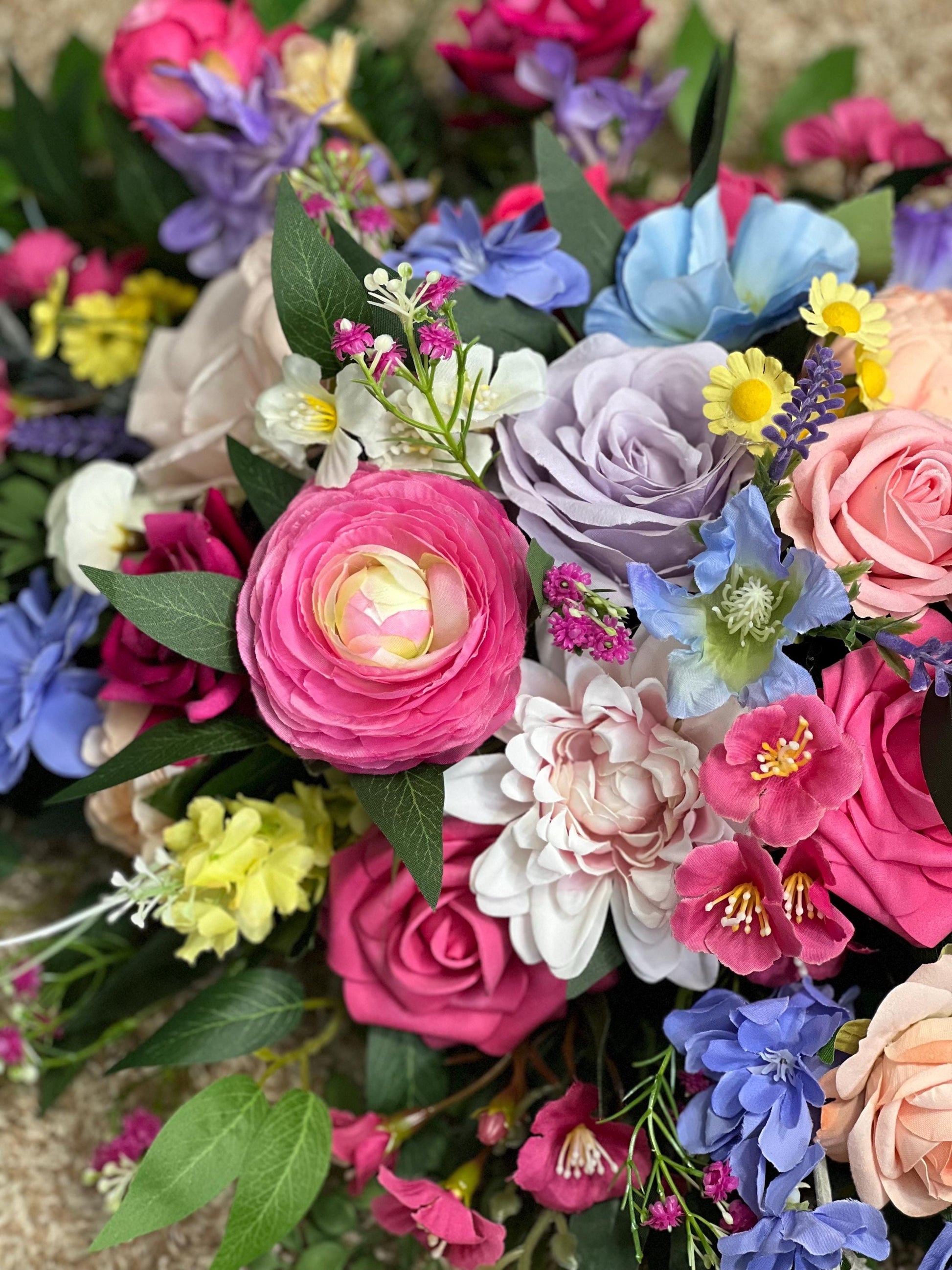 Colorful Wedding Centerpiece, Pink Blue Purple Floral Table Decor, Wild Flowers Sweetheart, Lavender Hot Pink Blue Table Centerpiece