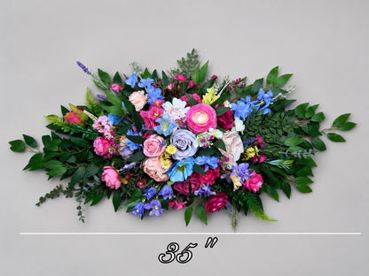 Colorful Wedding Arch Flowers, Pink Blue Purple Floral Swag, Wild Flowers Arbor arrangement, Lavender Hot Pink Blue Backdrop Decor Flowers