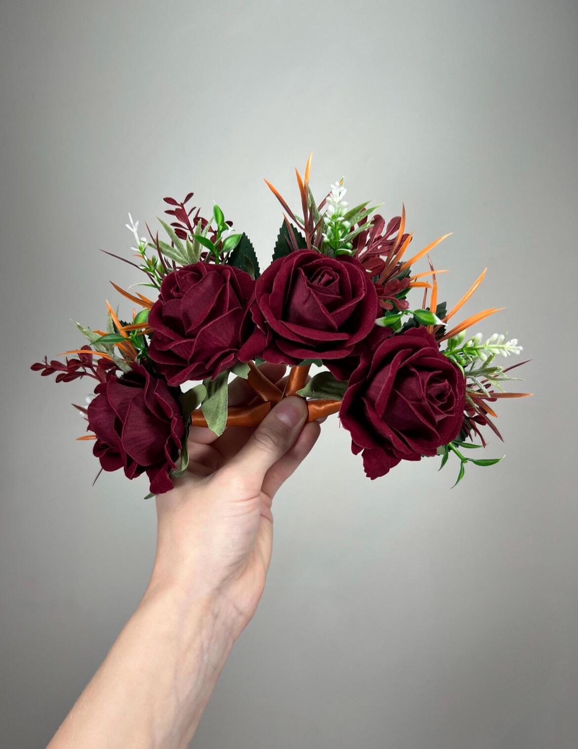 Burgundy Terracotta Corsage, Wedding Fall Wrist Corsage, Burnt Orange Dark Red Bridesmaid Corsage, Artificial Flowers Wristband