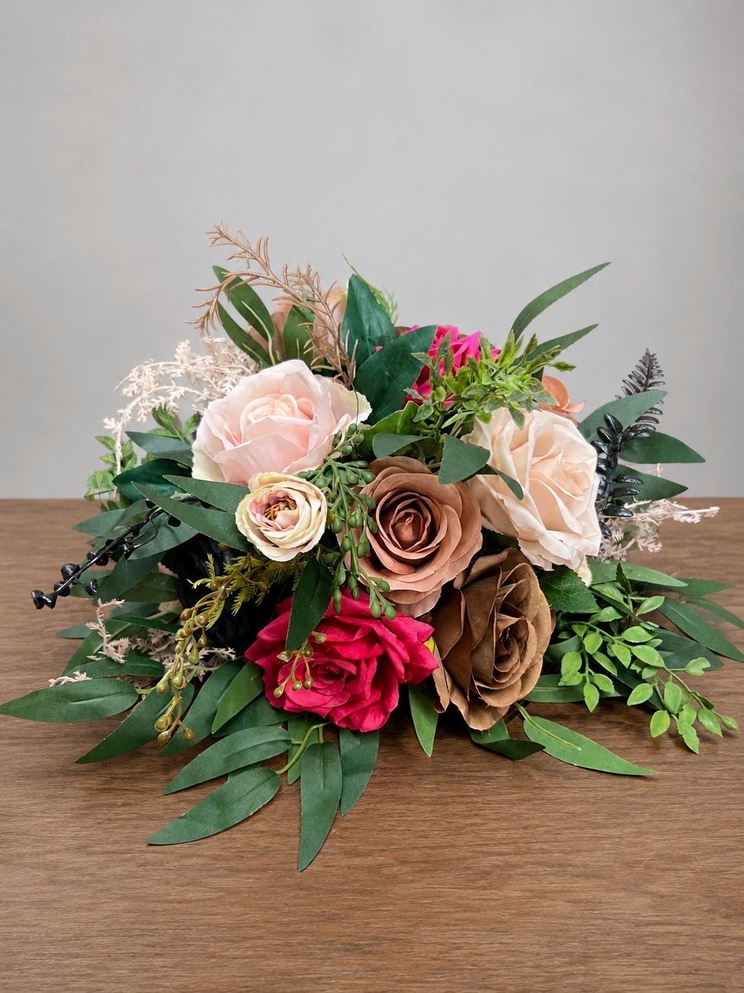 Pink Black Brown Centerpiece, Wedding Rustic Flower Ball, Jewel Tones Table Centerpiece, Blush Dusty Rose Hot Pink Table Flowers