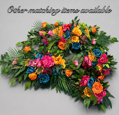 Pink Orange Teal Blue Arch Arrangement, Wedding Hot Pink Bright Orange, Tropical Swag Arbor Arrangement, Floral Backdrop Ceremony Flowers