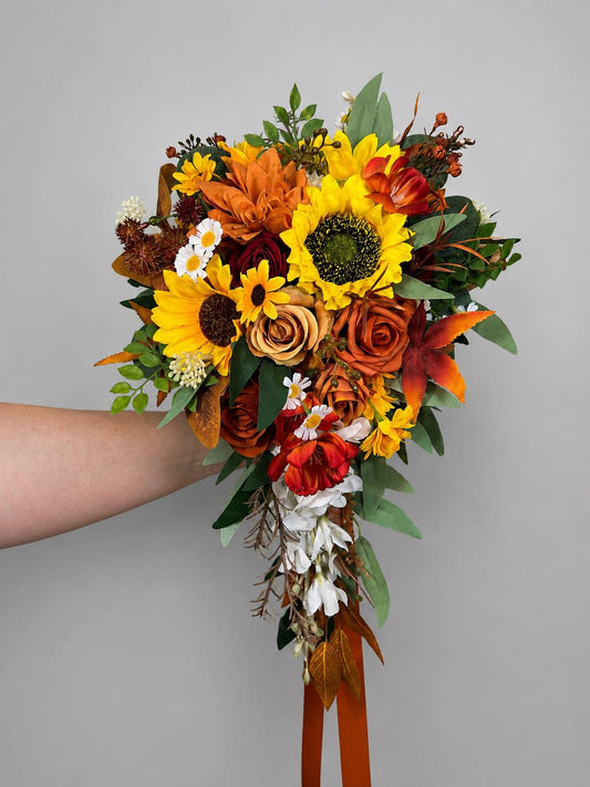 Sunflower Terracotta Wedding Bouquet, Bridal Cascading Fall Bouquet, Cascade Burnt Orange Bouquet, Bridesmaids Flowers Yellow Sunflower