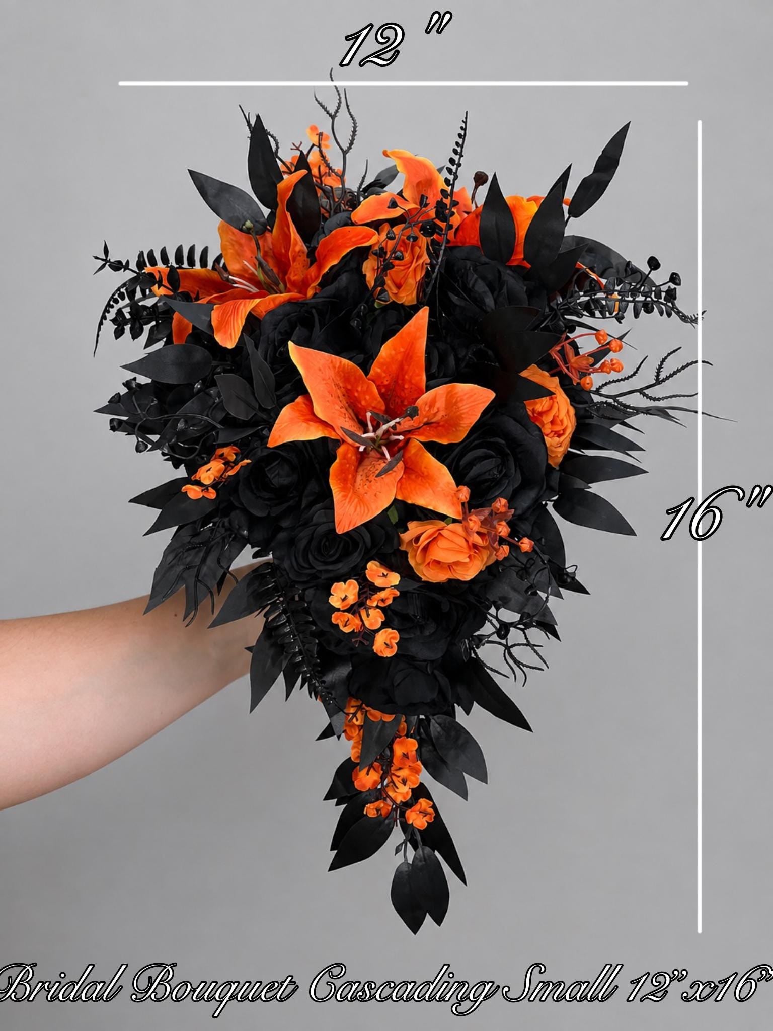 Black Orange Wedding Bouquet, Bridal Cascading Gothic Bouquet, Black Orange Cascade Bouquet, Halloween Bridesmaids Flowers,Artificial Flower