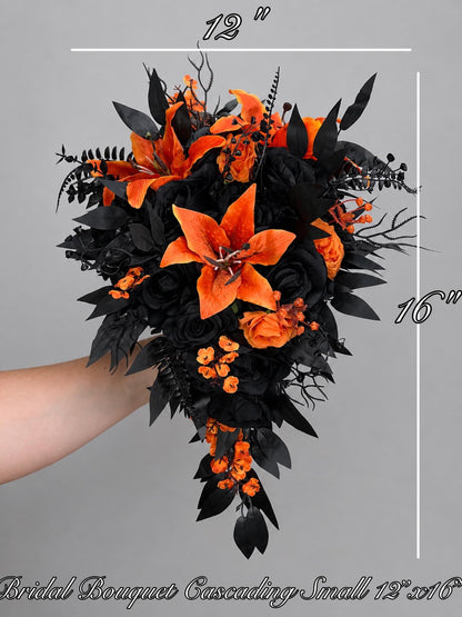 Black Orange Wedding Bouquet, Bridal Cascading Gothic Bouquet, Black Orange Cascade Bouquet, Halloween Bridesmaids Flowers,Artificial Flower