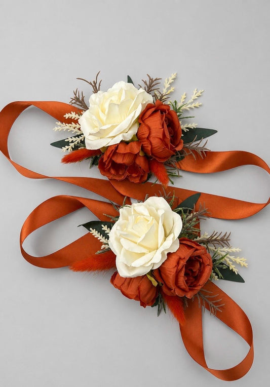Terracotta Ivory Corsage, Wedding Fall Wrist Corsage, Burnt Orange Cream Bridesmaid Corsage, Rust Artificial Flowers Wristband Eucalyptus