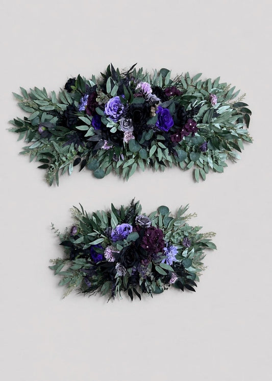 Black Purple Arch Arrangements, Wedding Plum Violet Arbor Arrangement, Sage Green Eucalyptus Floral Swag, Deep Purple Black Background