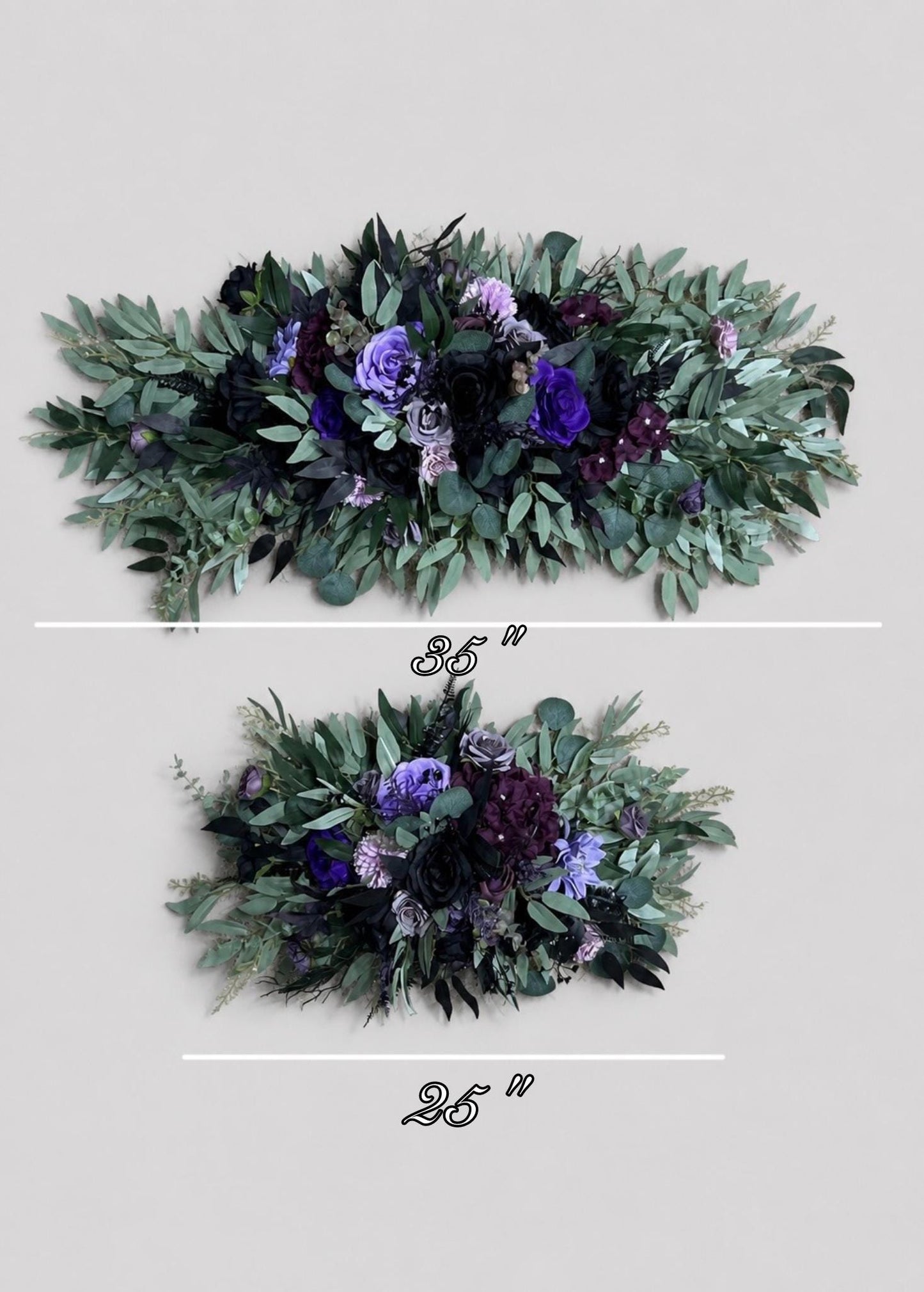 Black Purple Arch Arrangements, Wedding Plum Violet Arbor Arrangement, Sage Green Eucalyptus Floral Swag, Deep Purple Black Background