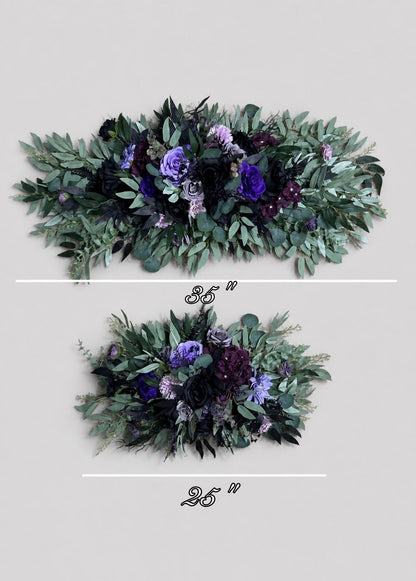 Black Purple Arch Arrangements, Wedding Plum Violet Arbor Arrangement, Sage Green Eucalyptus Floral Swag, Deep Purple Black Background