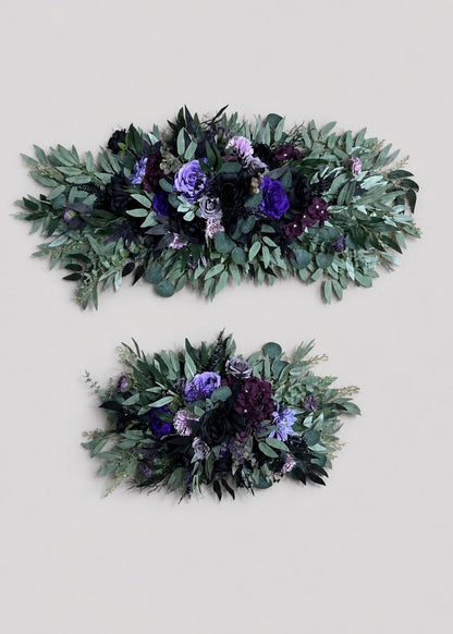 Black Purple Arch Arrangements, Wedding Plum Violet Arbor Arrangement, Sage Green Eucalyptus Floral Swag, Deep Purple Black Background