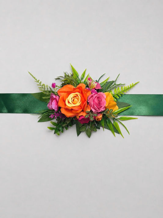 Orange Pink Flower Sash Belt, Tropical Flower Girl Sash, Wedding Rustic Floral Belt, Hot Pink Orange Artificial Flowers Bridesmaids Sash