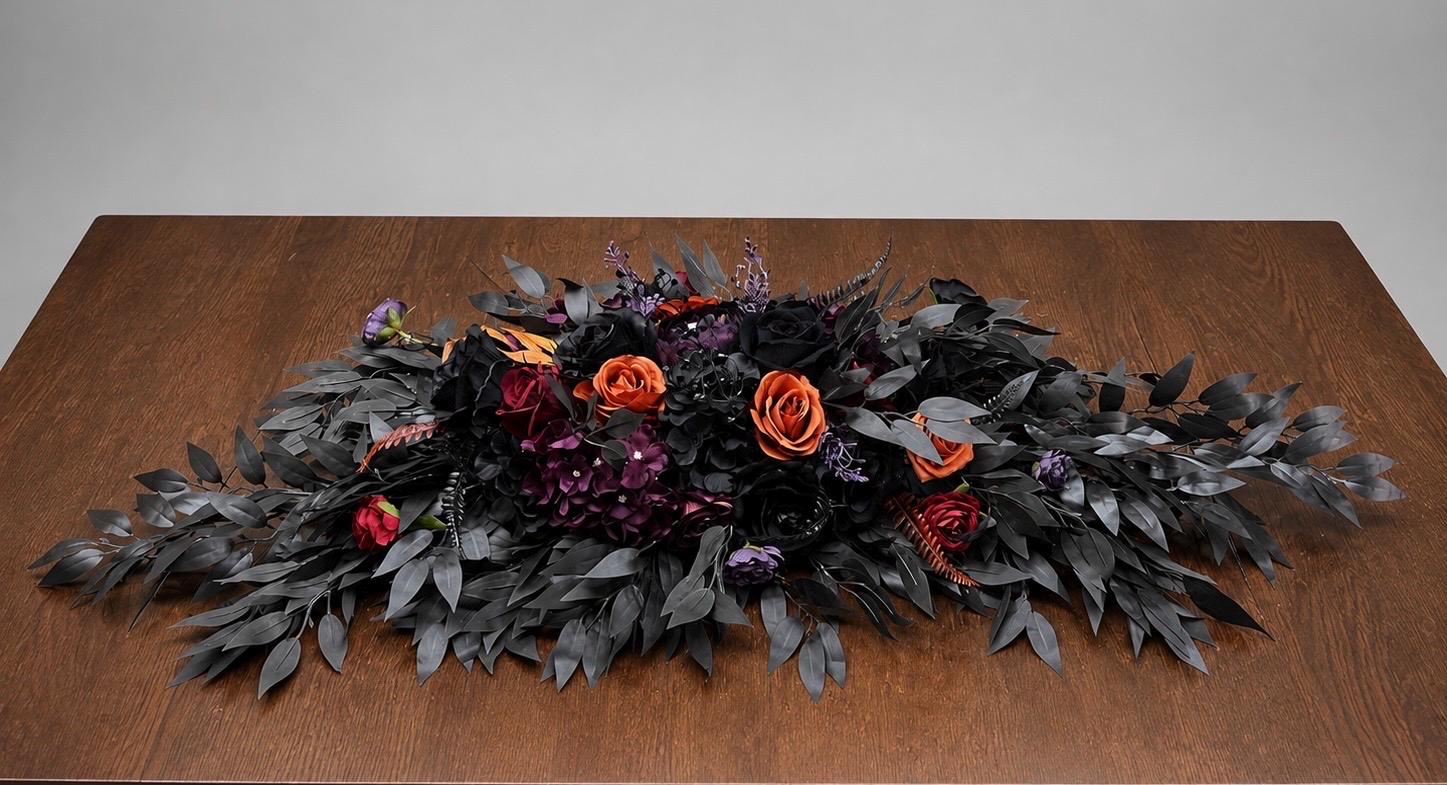 Black Purple Orange Centerpiece, Wedding Gothic Table Decor, Halloween Table Centerpiece, Orange Plum Burgundy Black Sweetheart