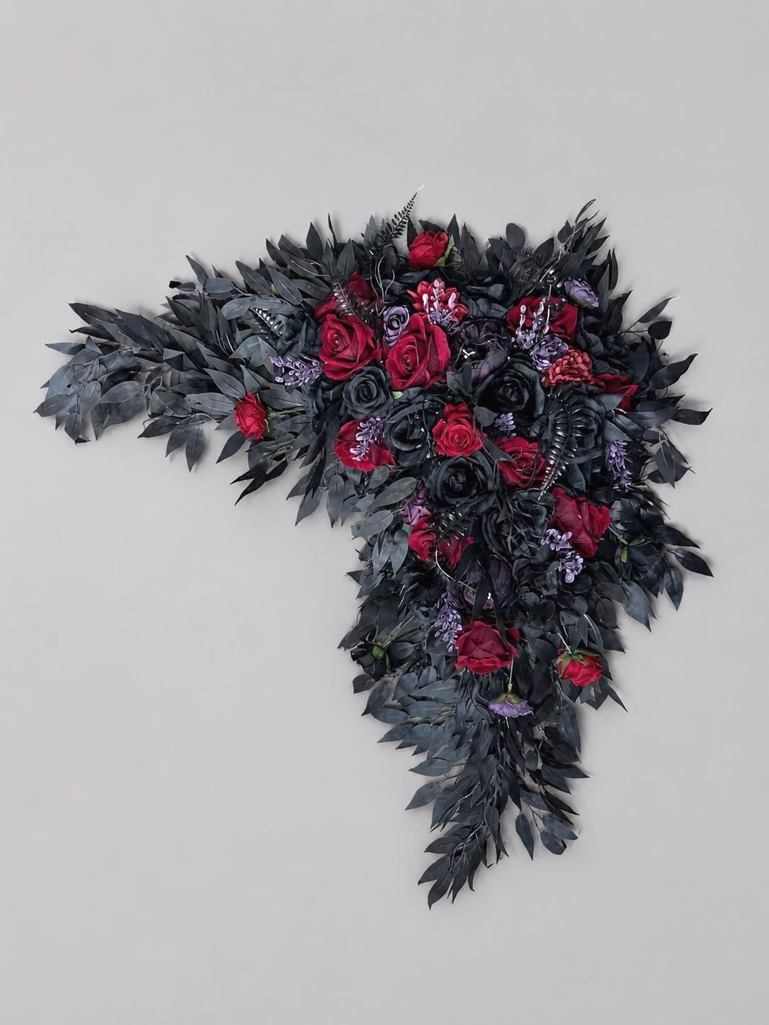 Black Burgundy Purple Arch Arrangements, Wedding Gothic Corner Arch Flowers, Plum Black Arbor Arrangement, Halloween Background Flowers