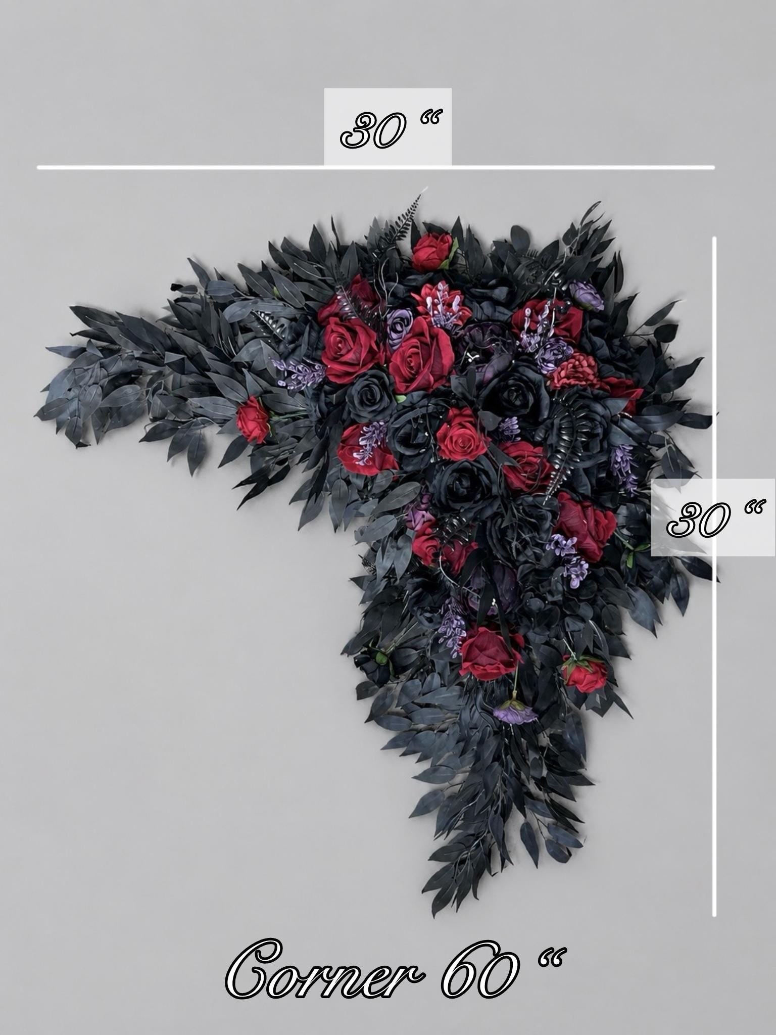 Black Burgundy Purple Arch Arrangements, Wedding Gothic Corner Arch Flowers, Plum Black Arbor Arrangement, Halloween Background Flowers