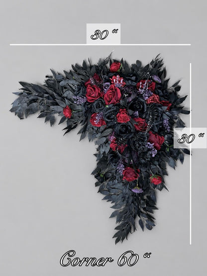 Black Burgundy Purple Arch Arrangements, Wedding Gothic Corner Arch Flowers, Plum Black Arbor Arrangement, Halloween Background Flowers